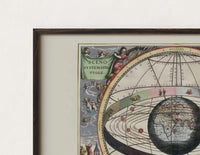 Close-up of the Ptolemaic celestial sphere armillary map print's dark wood frame corner and archival matte paper