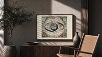 Ptolemaic celestial sphere armillary map print in a wood frame above a fluted sideboard beside an olive tree