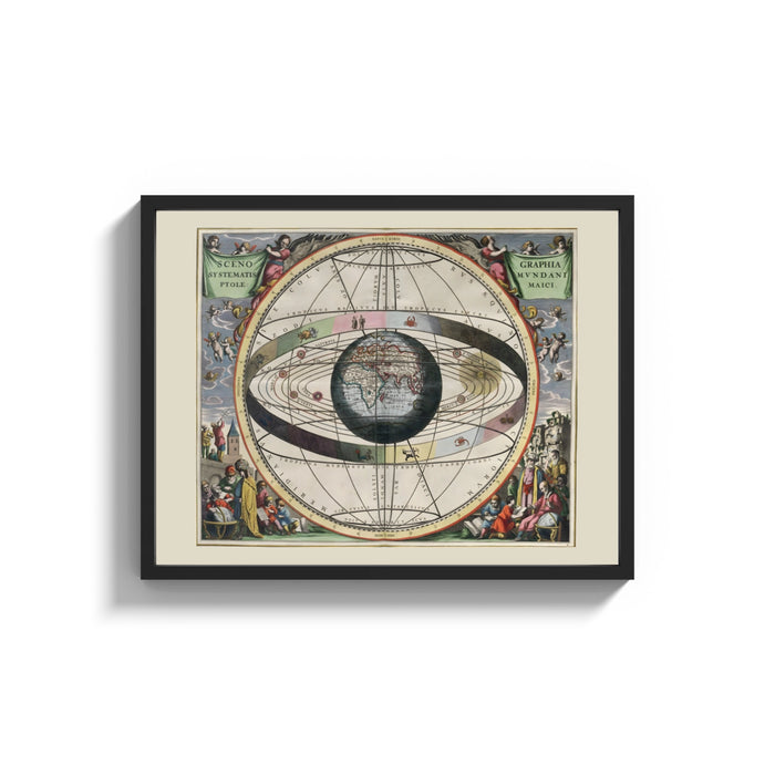 Framed Ptolemaic celestial sphere armillary map print shown as a wide statement piece on a clean white wall