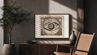 Ptolemaic celestial system with globe print in a wood frame above a fluted sideboard beside an olive tree