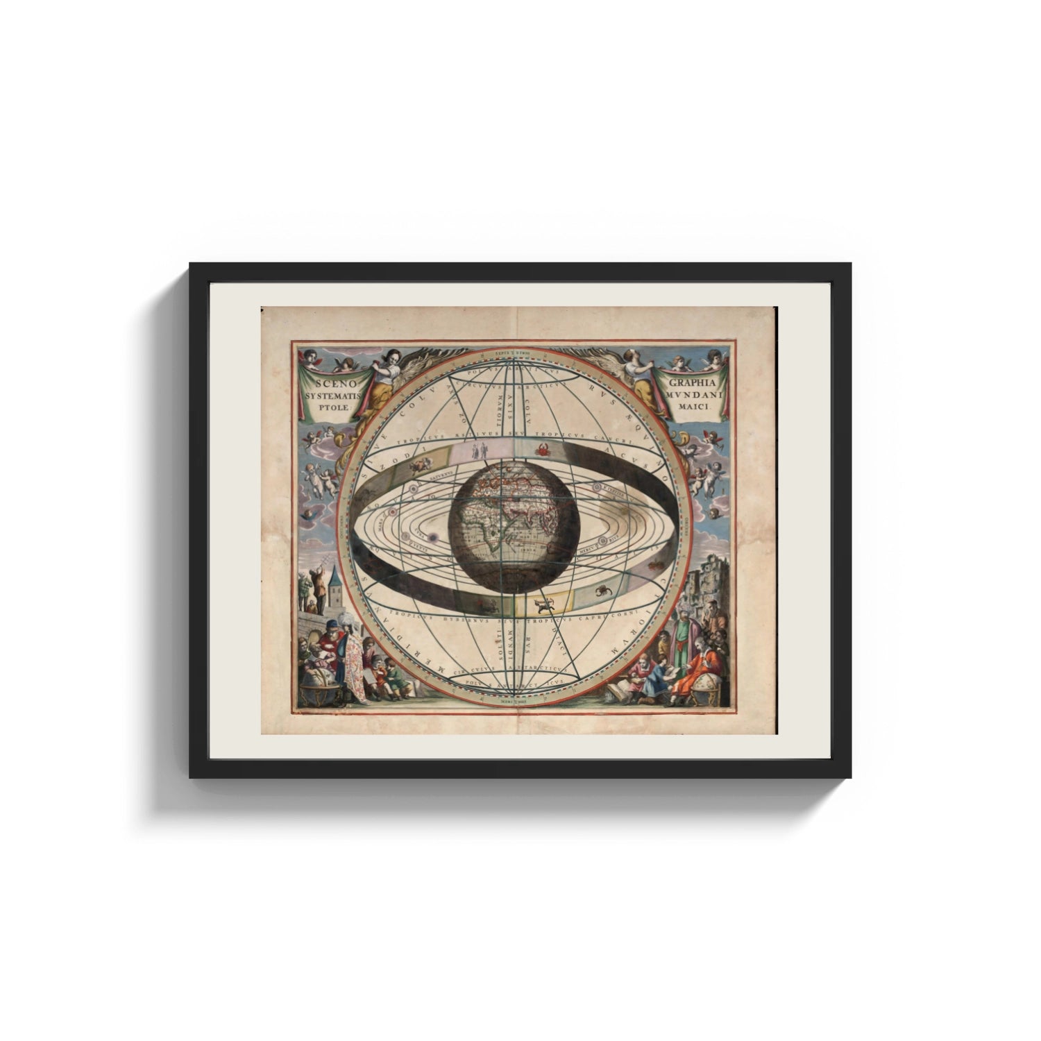 Framed Ptolemaic celestial system with globe print shown as a wide statement piece on a clean white wall