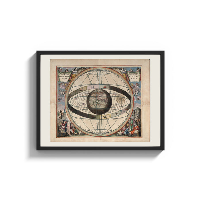 Framed Ptolemaic celestial system with globe print shown as a wide statement piece on a clean white wall