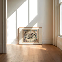 Ptolemaic celestial system with globe print in an oak frame on a sunlit wood floor beneath tall window light