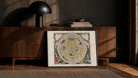 Ptolemaic celestial map of universe print in a black frame leaning against a walnut console in lamplight