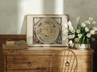 Ptolemaic celestial map of universe print in an oak frame on a farmhouse dresser beside white tulips