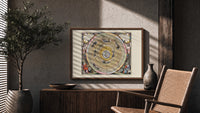 Ptolemaic celestial map of universe print in a wood frame above a fluted sideboard beside an olive tree