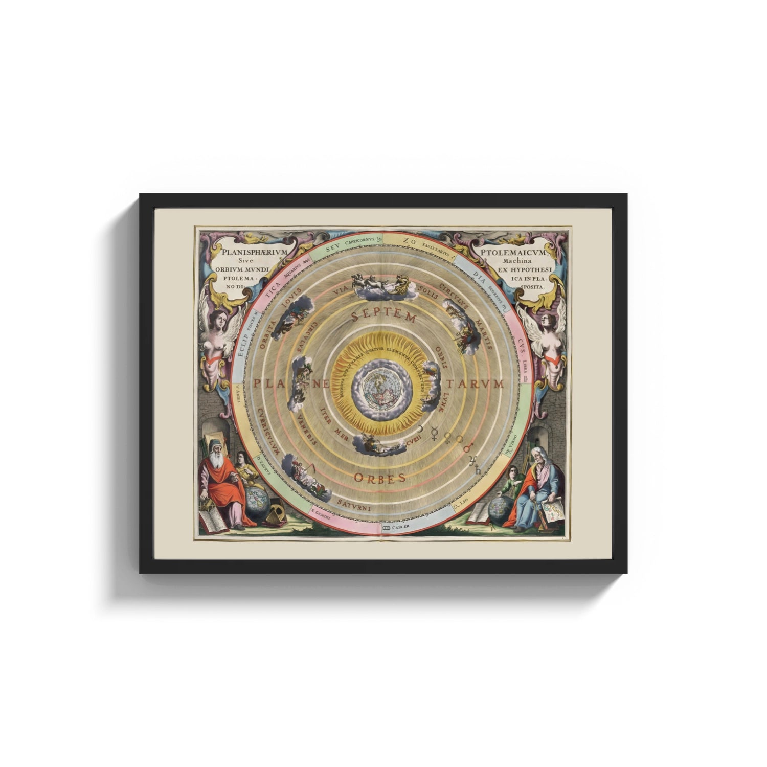 Framed Ptolemaic celestial map of universe print shown as a wide statement piece on a clean white wall