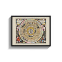 Framed Ptolemaic celestial map of universe print shown as a wide statement piece on a clean white wall