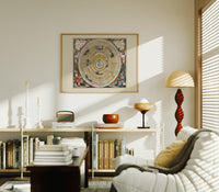 Ptolemaic celestial map of universe print in an oak frame above a mid-century book console with a vintage radio