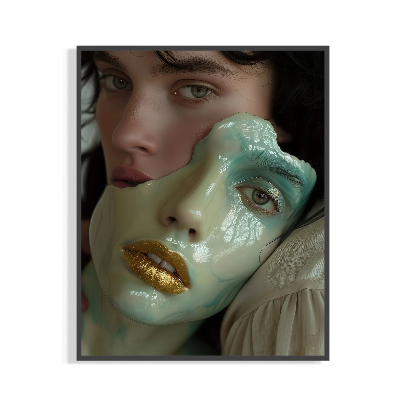 Close-up ceramic portrait with jade green glaze and metallic gold lips displayed in a dark frame on wall