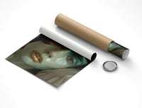 Ceramic portrait poster with turquoise glaze and gold lips alongside brown tube and silver end cap