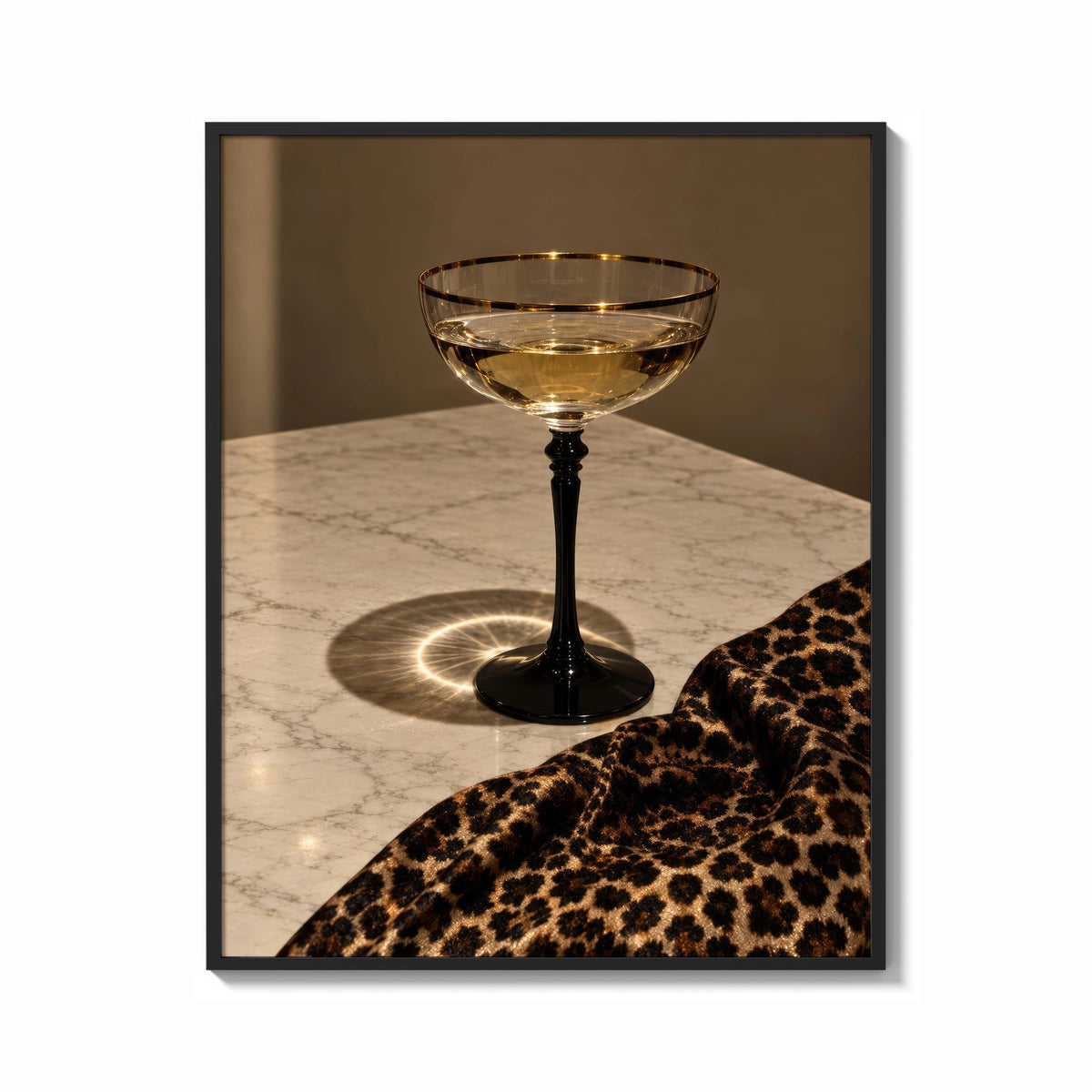 Framed Champagne Coupe with Leopard print shown as a bold statement piece on a clean gallery wall