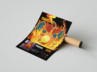 Charizard fire-type poster with dramatic blue wings and flames shown alongside a shipping tube