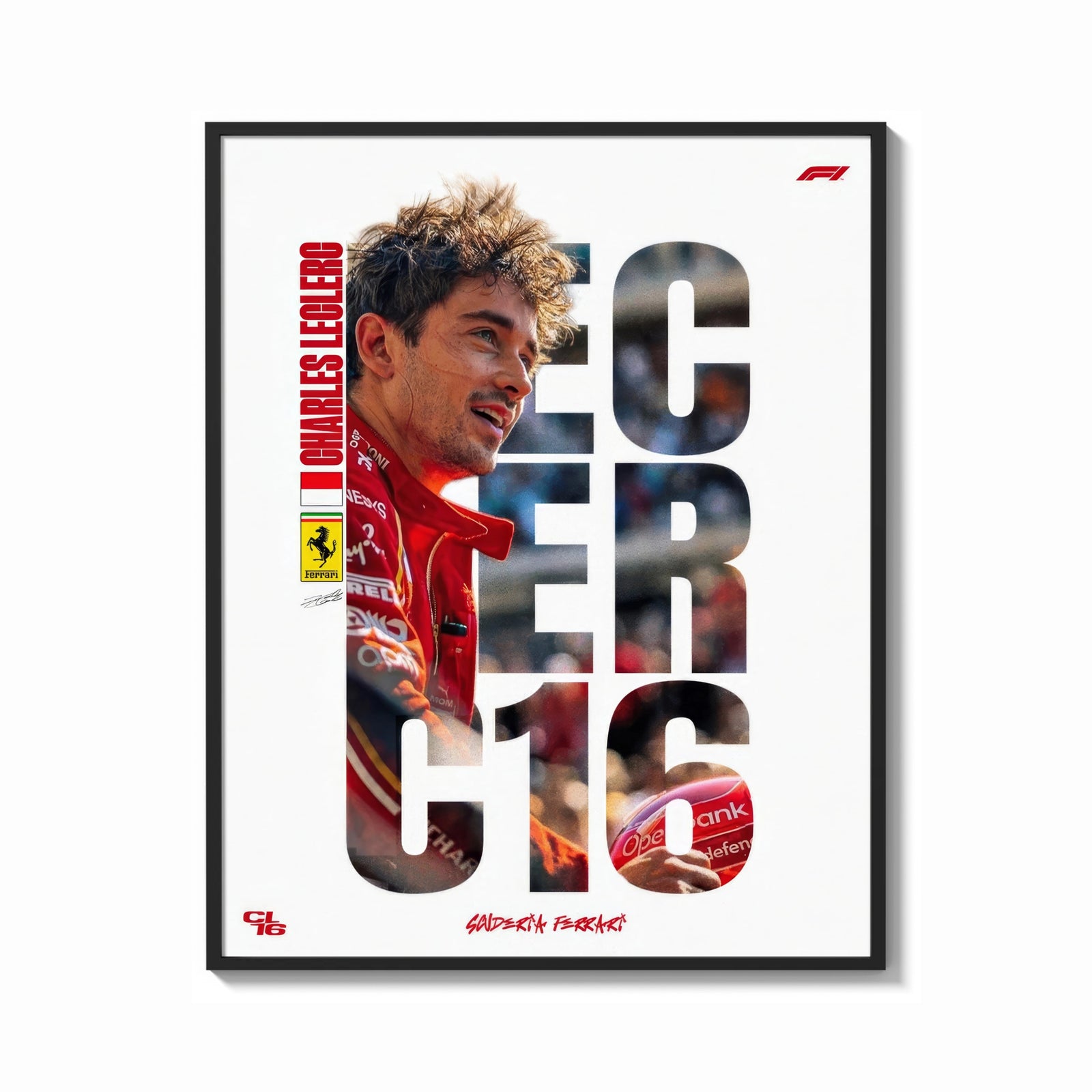 Framed Charles Leclerc F1 driver portrait print shown as a bold statement piece on a clean gallery wall