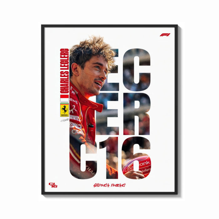 Framed Charles Leclerc F1 driver portrait print shown as a bold statement piece on a clean gallery wall