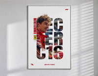 Charles Leclerc F1 driver portrait poster in a slim frame on a bright wall with soft window light