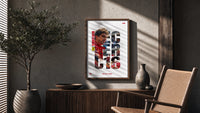 Charles Leclerc F1 driver portrait poster framed above a fluted sideboard beside an olive tree