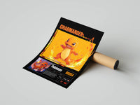 Charmander trading-card style poster with fire theme placed next to a brown shipping tube