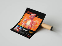 Charmeleon number 0005 poster in red and orange tones on a black background beside a shipping tube