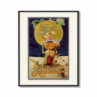 Framed Pumpkin-headed figure with harvest moon print shown as a bold statement piece on a clean gallery wall