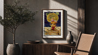 Pumpkin-headed figure with harvest moon poster framed above a fluted sideboard beside an olive tree