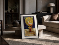 Pumpkin-headed figure with harvest moon print in a black frame leaning on a travertine table in a sunlit lounge