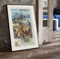 French spa town travel scenery print in a black frame leaning beside a vintage door on parquet