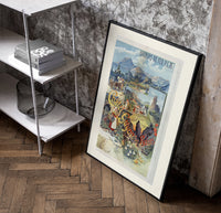 French spa town travel scenery poster in a black frame leaning beside a shelf in a raw-plaster loft
