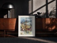 Black-framed French spa town travel scenery print on a moody console with designer coffee-table books