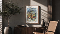 French spa town travel scenery poster framed above a fluted sideboard beside an olive tree