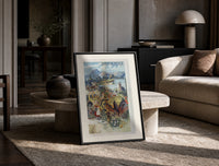 French spa town travel scenery print in a black frame leaning on a travertine table in a sunlit lounge