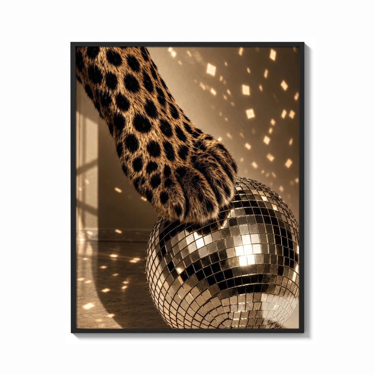 Framed Cheetah Paw and Disco Ball print shown as a bold statement piece on a clean gallery wall