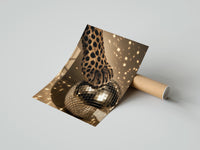 Gently curled Cheetah Paw and Disco Ball print beside its protective shipping tube