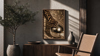 Cheetah Paw and Disco Ball poster framed above a fluted sideboard beside a potted tree