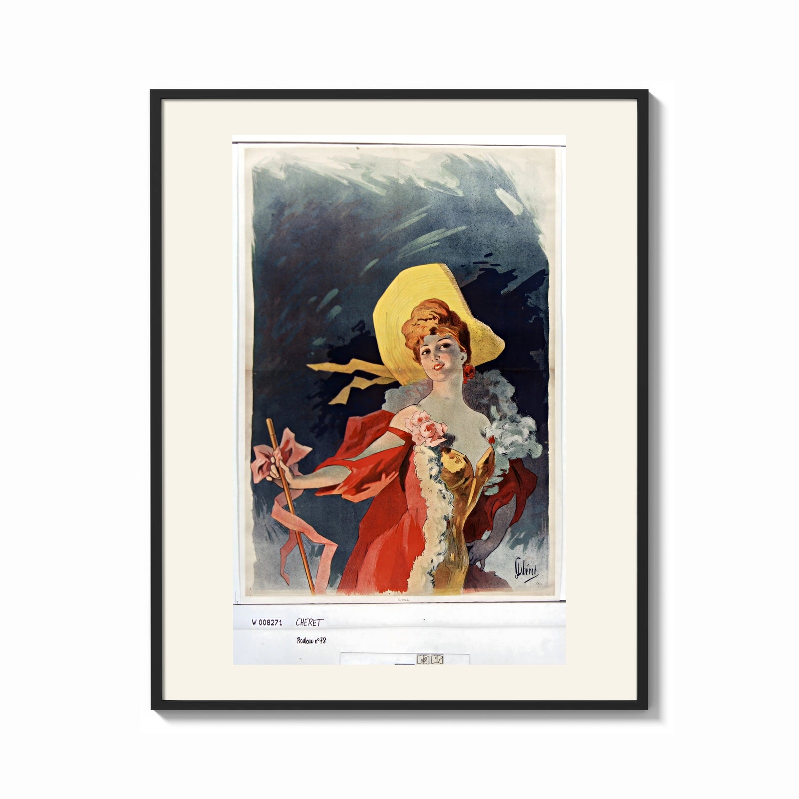 Framed Elegant woman in yellow hat print shown as a bold statement piece on a clean gallery wall