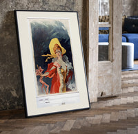 Elegant woman in yellow hat print in a black frame leaning beside a vintage door on parquet