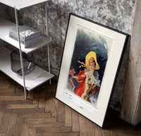 Elegant woman in yellow hat poster in a black frame leaning beside a shelf in a raw-plaster loft