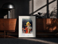 Black-framed Elegant woman in yellow hat print on a moody console with designer coffee-table books