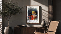 Elegant woman in yellow hat poster framed above a fluted sideboard beside an olive tree