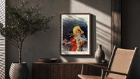 Cheret Arlette Dorgere poster framed above a fluted sideboard beside a potted tree