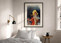Cheret Arlette Dorgere print in a black frame above a bed with striped linens, a brass wall lamp and a sunlit window