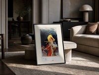 Elegant woman in yellow hat print in a black frame leaning on a travertine table in a sunlit lounge