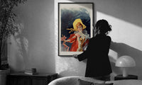 Cheret Arlette Dorgere print in a slim black frame being hung on a sunlit wall in a monochrome room