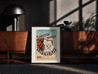 Black-framed Laughing clown face print on a moody console with designer coffee-table books