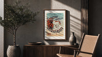 Laughing clown face poster framed above a fluted sideboard beside an olive tree