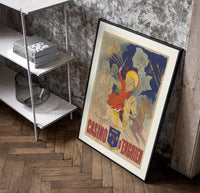 Children riding horses with fireworks poster in a black frame leaning beside a shelf in a raw-plaster loft