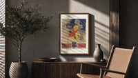 Children riding horses with fireworks poster framed above a fluted sideboard beside an olive tree