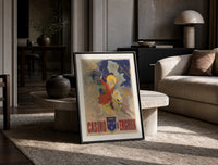 Children riding horses with fireworks print in a black frame leaning on a travertine table in a sunlit lounge
