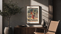 Female conductor leading violin orchestra poster framed above a fluted sideboard beside an olive tree