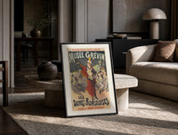 Female conductor leading violin orchestra print in a black frame leaning on a travertine table in a sunlit lounge